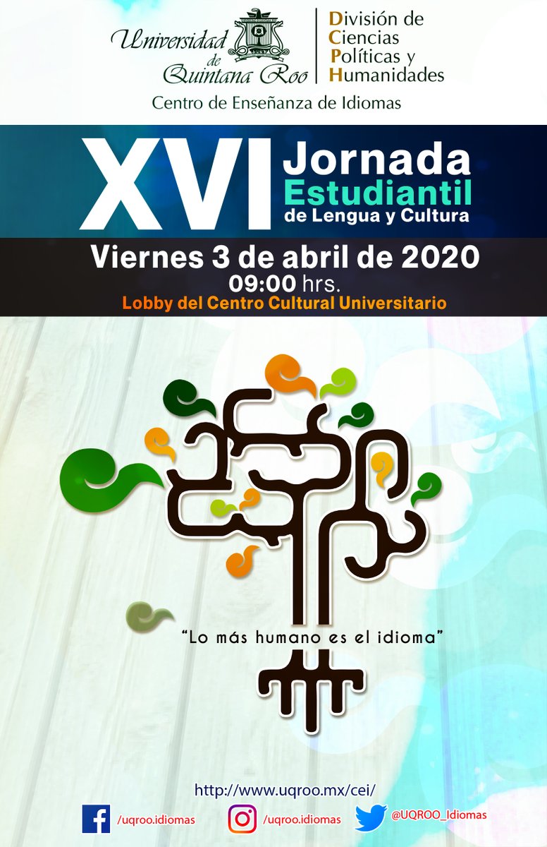 ¿Estas listo para celebrar la XVI Jornada Estudiantil de Lengua y Cultura en la <a href="/uqroo_mx/">Universidad Autónoma del Estado de Quintana Roo</a> : "Lo más humano es el idioma"? registra tu participación con tu profesor o profesora de <a href="/UQROO_Idiomas/">CentroIdiomasUQROO</a>  y ven con tu grupo este 3 de abril. 
¡Te esperamos!
 #JELC2020 🙋‍♂️📣🙋‍♀️