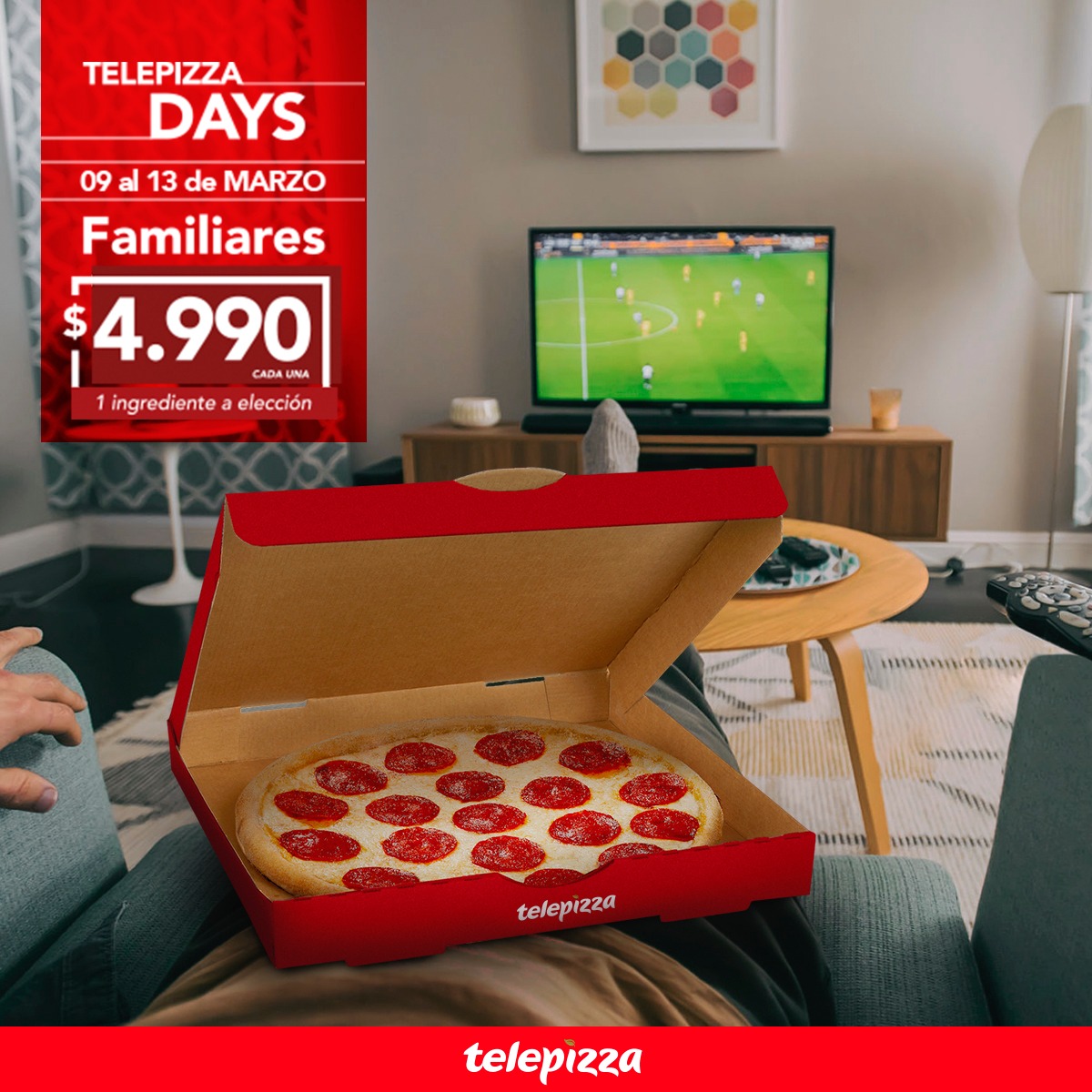 La fecha de Champions se disfruta mejor cuando tenemos a la mano una pizza familiar de Telepizza Days. 🍕+ ⚽ = 😍 Lleva cada pizza familiar a $4.990, acércate ya a tu tienda Telepizza favorita.