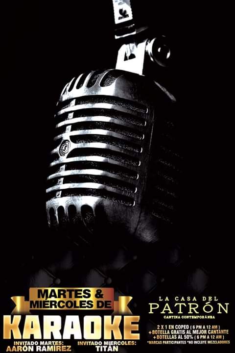 PatronPuebla's tweet photo. Martes y Miércoles de #Karaoke con Aarón Ramírez  y Ángel Cruz "Titán" en #Puebla 9:00 pm.

Premio: 1 botella al mejor cantante; y 2x1 en copeo de 6:00 pm a 12:00 am.

No Cover en #LaCasaDelPatron reserva: 2211030430; Circuito Juan Pablo II #2706.

#LaCasaDelEspectaculoEnPuebla. https://t.co/IzcEuGu4q9