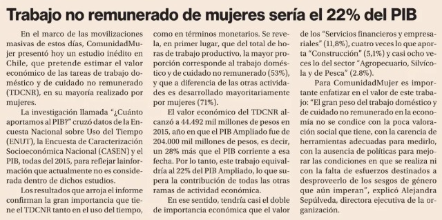 ComunidadMujer's tweet photo. Ayer @La_Segunda hizo una nota sobre el lanzamiento de nuestro estudio que valoriza el trabajo doméstico y de cuidado no remunerado. Puedes leerlo aquí 👇👇👇 https://t.co/OREhGOPU1T