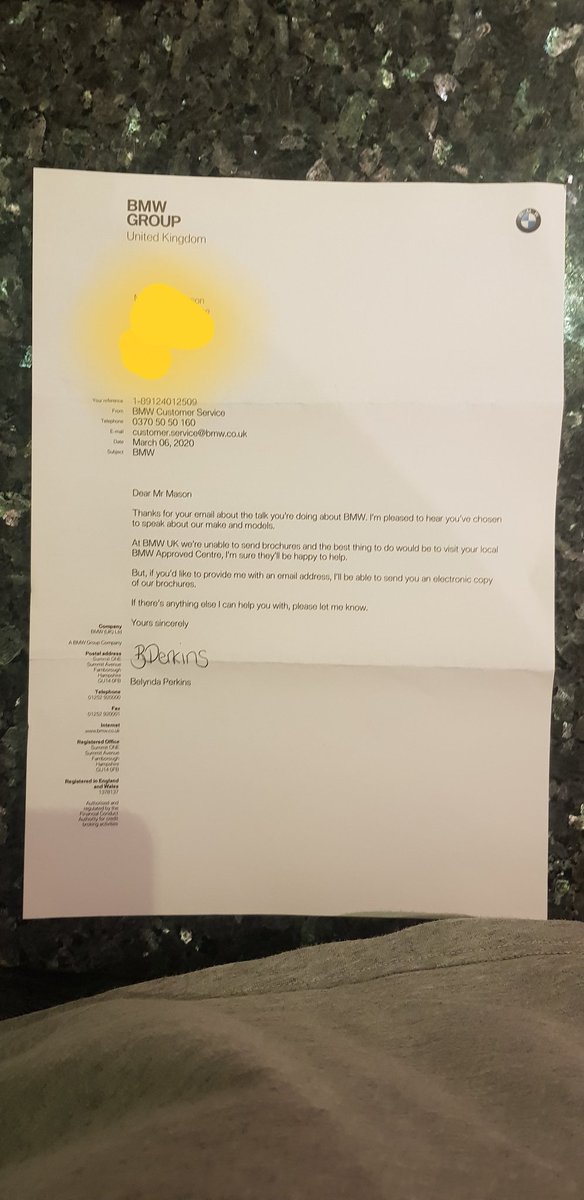 MasonsMotorComp's tweet photo. @BMW my 7 year old son sent a formal letter in his own handwriting to BMW to request some information about the brand, as he is doing a school presentation and wants to do it about cars. this is what i get back. REALLY https://t.co/hEIz4p4p80