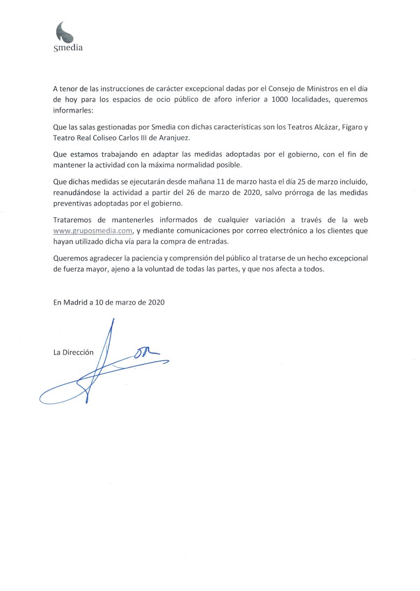 Comunicado oficial sobre los Teatros que gestiona Grupo Smedia.
<a href="/teatroedpgv/">Teatro EDP Gran Vía</a> <a href="/TeatroCofidis/">Teatro Cofidis</a> <a href="/TeatroAranjuez/">Teatro Real Aranjuez</a> Teatro Fígaro y Pequeño Teatro Gran Vía.