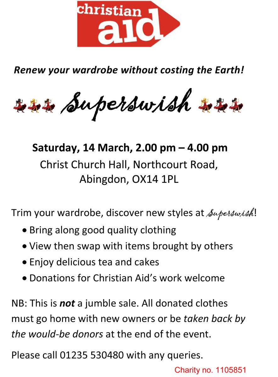 abingdongreens's tweet photo. Christian Aid's Superswish to coming to Christ Church Hall in Abingdon this Saturday. Basically, you can bring and swap clothes with other people, and get the garments you need. All proceeds go to the aforementioned charity. https://t.co/hiUCIjVN9U