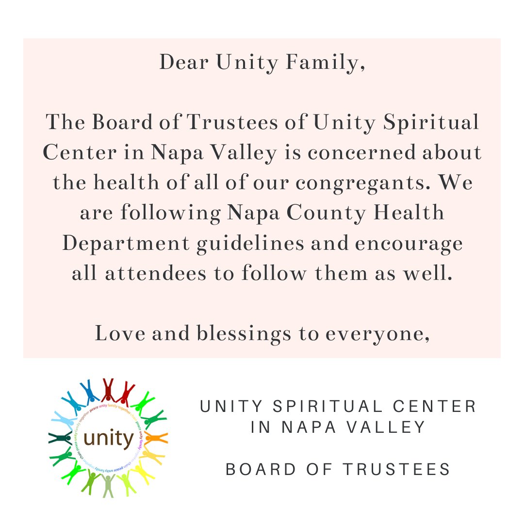 UnitySCNV's tweet image. Please see our message from the Unity SCNV Board of Trustees. The Napa County Health Department guidelines can be found at countyofnapa.org/2739/coronavir…

#UnitySCNV #Napachurch #interfaith