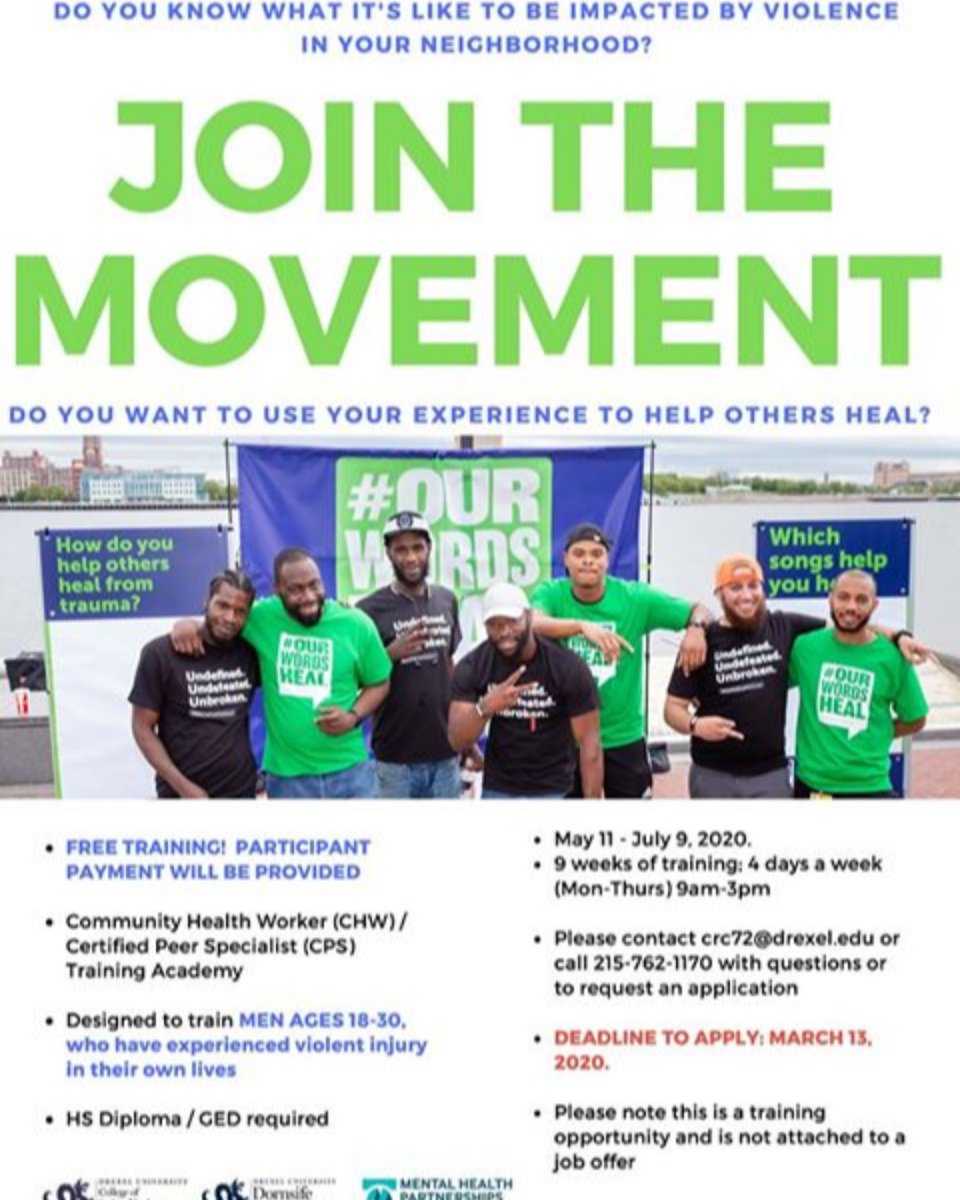 The Center for Nonviolence &amp; Social Justice are offering a free job fair for young men (ages 18-30), who want to be healers in their communities. Participants who complete the training will receive two certifications. Deadline: March 13, 2020! Apply here: ow.ly/B80450y5WXf