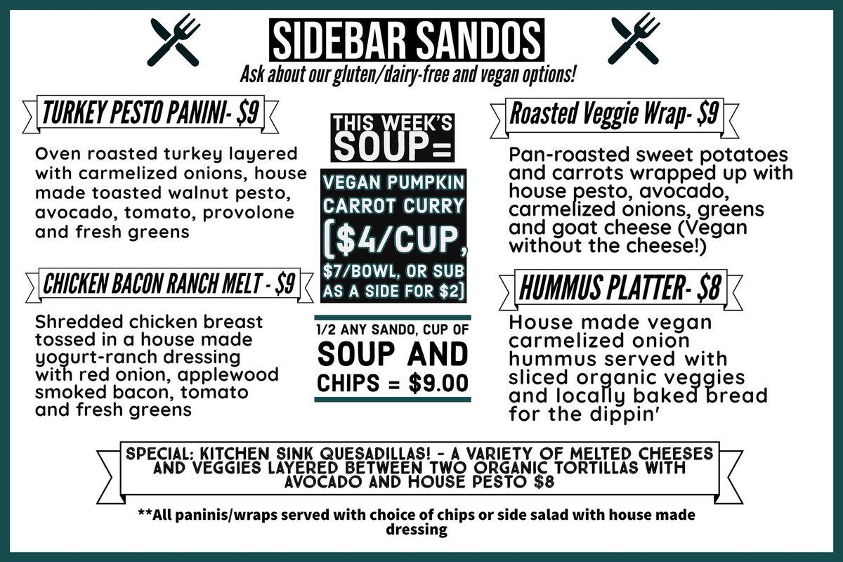 This week's menu! #sidebarsandos #fopo #seportland #communitylove #salads #wraps #soups #fosterpowell #foster #freehugs #party #pdxeats #yum