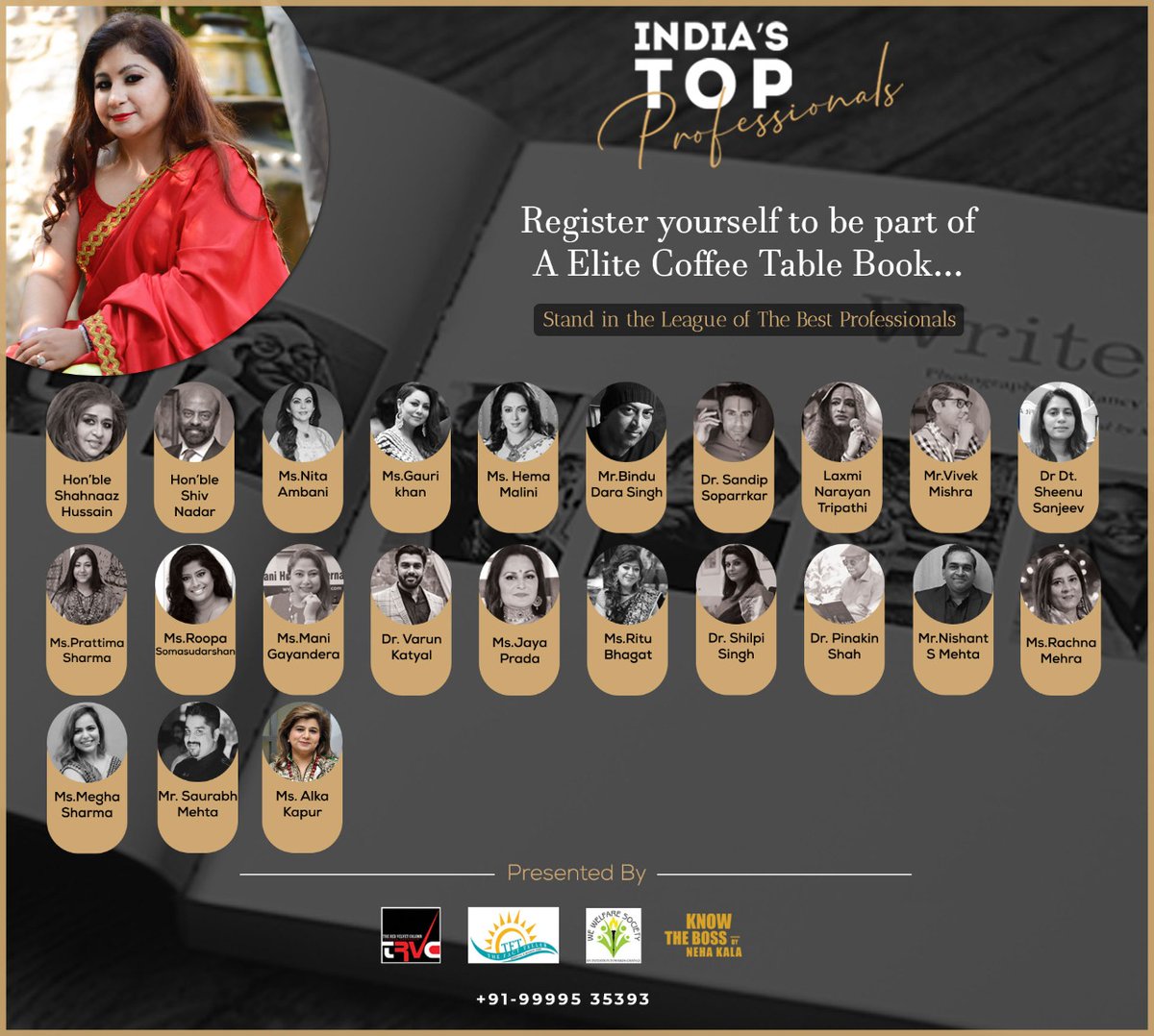 TheRedVelvetC's tweet photo. India's Top Professionals aimed to have 20 Dignitaries for this Coffee Table Book Edition however we have crossed 23 hence we call for 2 more entries to be 25

In this we Welcome #AlkaKapur. We are graced to have her with us..

indiatopprofessionals@gmail.com

#TRVC #NehaKala https://t.co/rNEevBFjmr