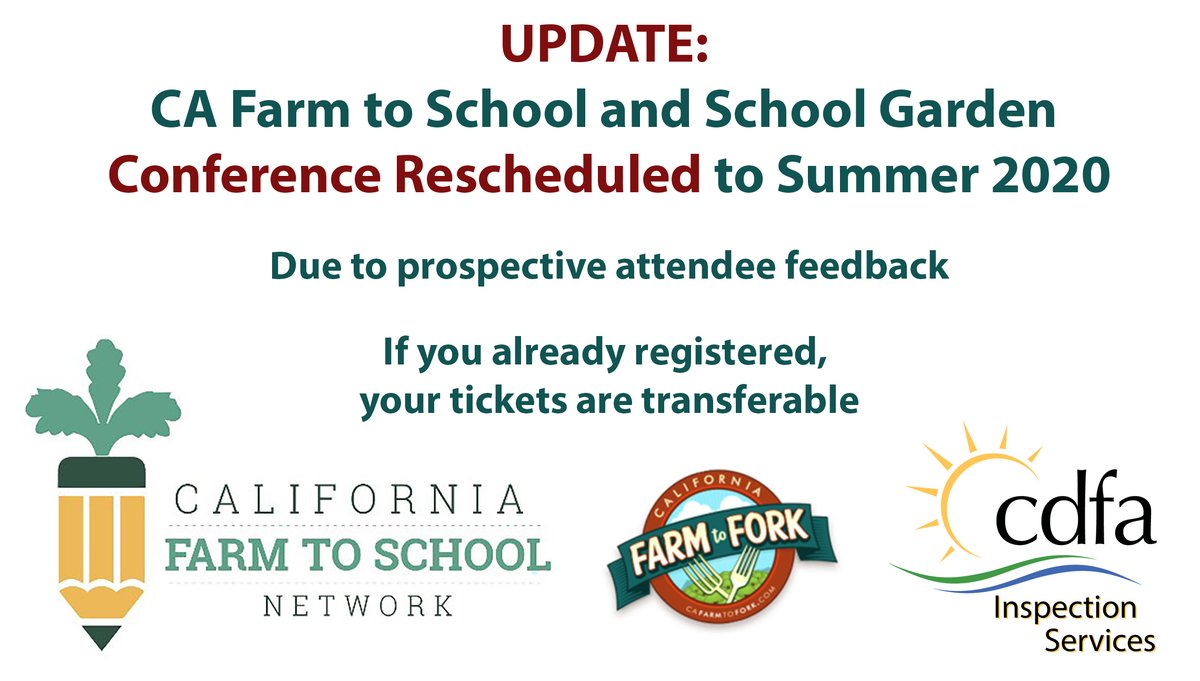 UPDATE: The California #FarmtoSchool and School Garden Conference is rescheduled from March 26-27 to late summer 2020 due to feedback from prospective attendees. Please visit the event website for more information: eventbrite.com/e/2020-califor…