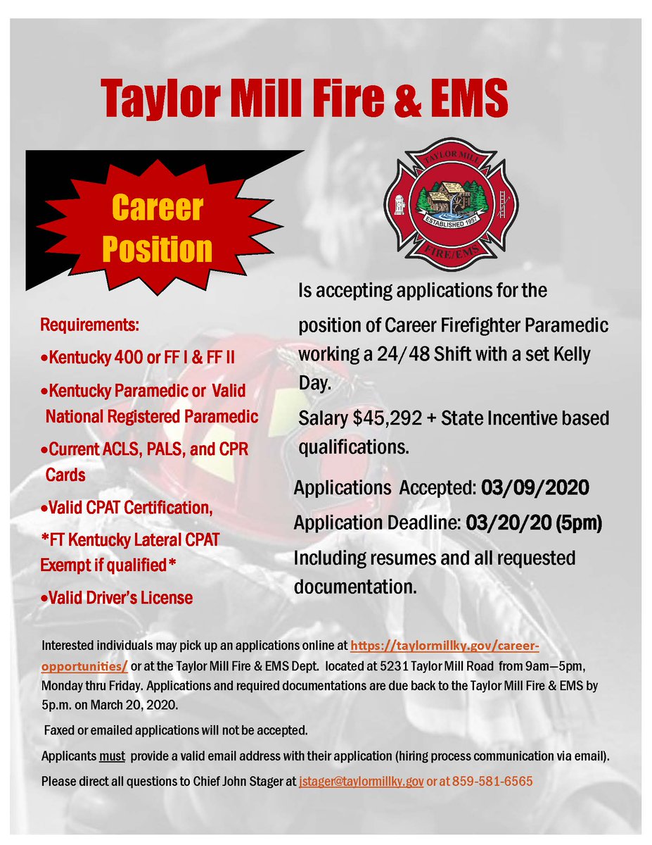 tmfireky's tweet image. Career Opportunity with Taylor Mill Fire/EMS