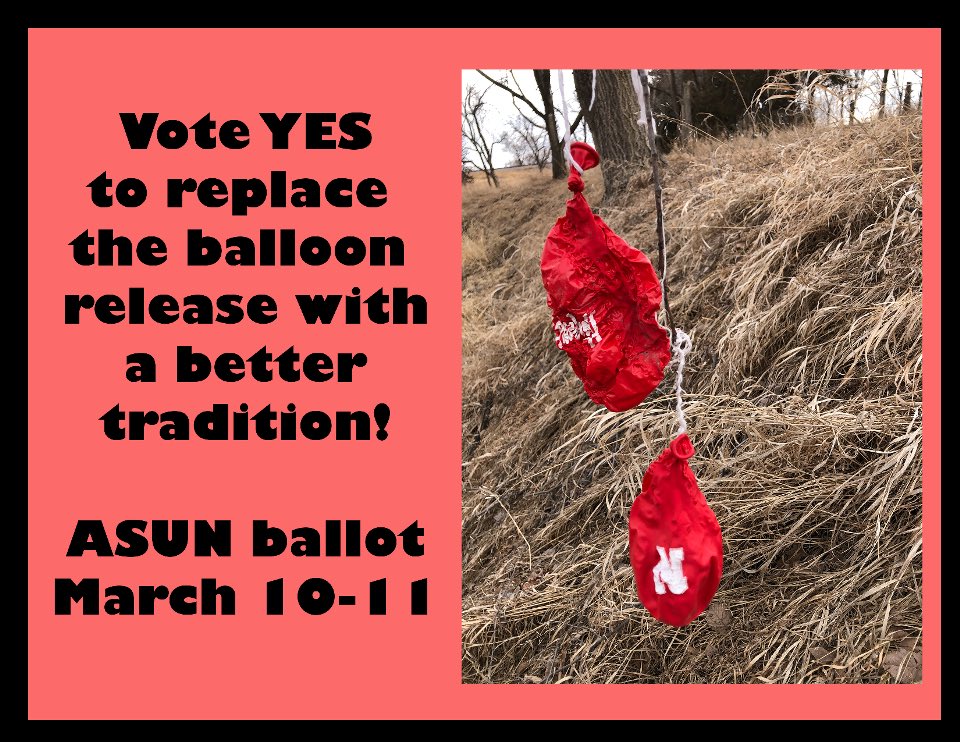 UNLwildlifeclub's tweet photo. ASUN student elections are open! The polls are open from 8 am today through 8 pm tomorrow. This year’s ballot includes a question about replacing the balloon release.
#unl_casnr #casnr #unl_snr #snr #negameandparks #tws #thewildlifesociety #nebraskawildlife #fishnwild https://t.co/xk45IHJ7QR