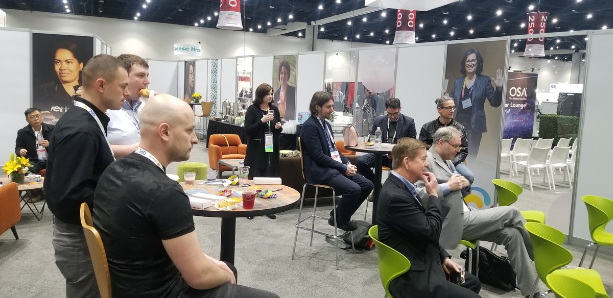 marcialesky's tweet photo. Hi from the #OFC20 Suzanne Nagel Lounge. Our next speaker, Jane Simmons Editor-in-Chief of #JOCN starts at 1:30. Come by, grab some coffee and a seat and hear about the do's and don'ts of paper reviewing. #WomenInSTEM @OSAPublishing https://t.co/hsscTT9iHo