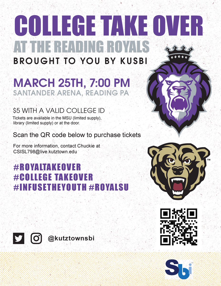 kutztownsbi's tweet photo. As you enjoy your spring break, be sure to purchase tickets to College Takeover at the Reading Royals! Click the link in our bio to buy your $5 tickets! We will be setting up around campus starting Monday 3/16 to Tuesday 3/24. Stay tuned for updates! https://t.co/PFBubUMpyu