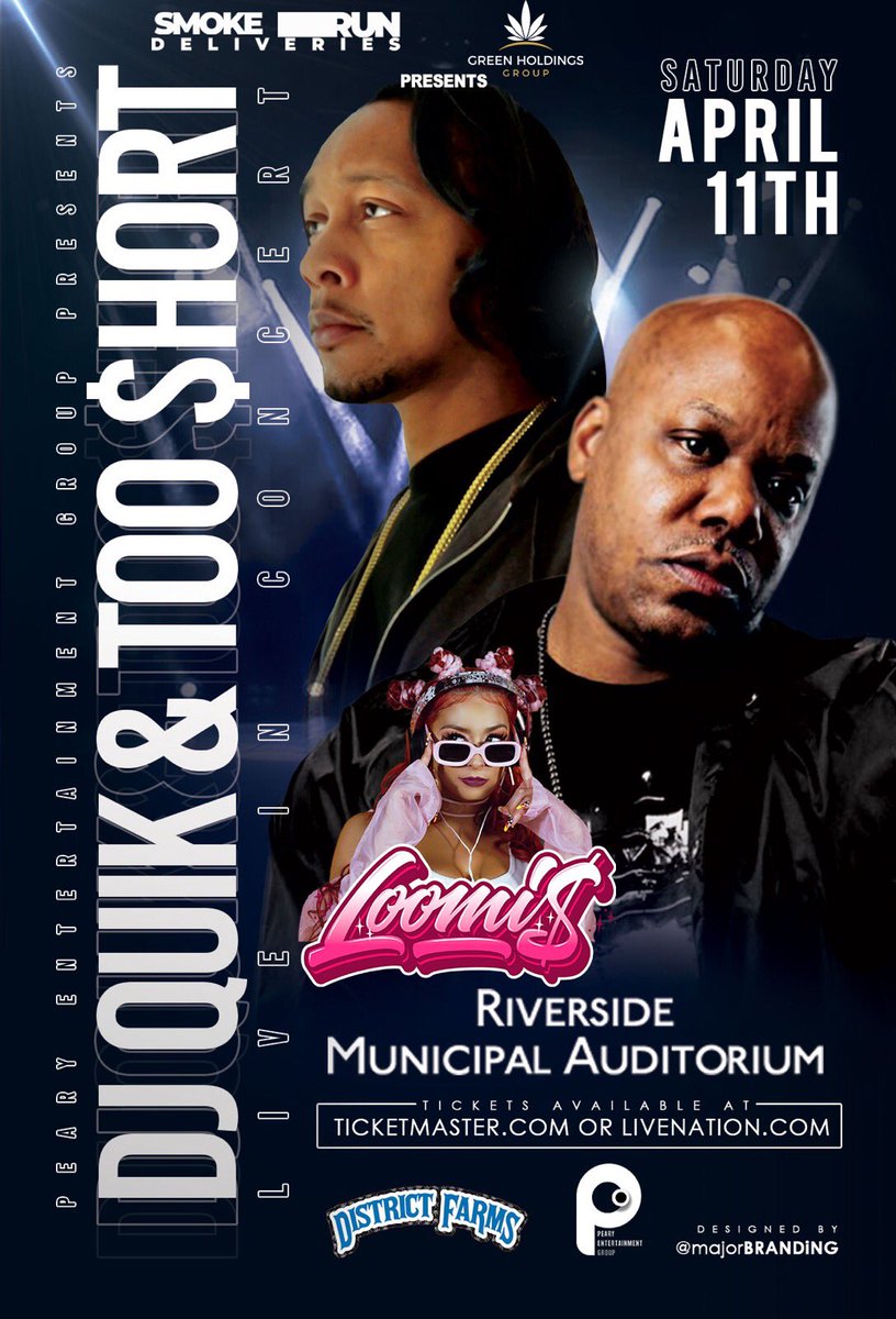 ANNOUNCEMENT: <a href="/djquik/">Marvin Blake</a> &amp; <a href="/TooShort/">Too $hort</a> w/Special Guest @LOOMIS143 will be live at @riversidelive on Saturday, April 11th! Tickets on sale now at Ticketmaster.com 🔥 Brought to you by <a href="/PearyEntGroup/">Peary Entertainment Group</a> , Smoke Run Deliveries &amp; Green Holdings Group
