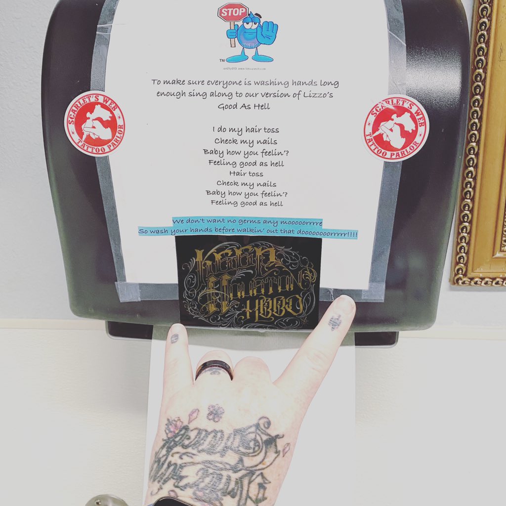 Brinaaababyy's tweet image. Mrs Jaime is making sure everyone is washing their hands long enough at the shop so no one catches any viruses. @lizzo 😂 #scarletsweb #houstontattoo