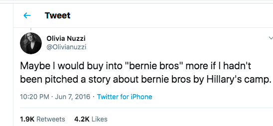 We know that the Clinton campaign started pushing this narrative from the beginning. As  @Olivianuzzi tweeted, in 2016, "Maybe I would buy into "bernie bros" more if I hadn't been pitched a story about bernie bros by Hillary's camp." And she still maintains this. Unlike me (39/?)