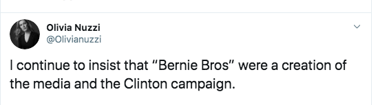 We know that the Clinton campaign started pushing this narrative from the beginning. As  @Olivianuzzi tweeted, in 2016, "Maybe I would buy into "bernie bros" more if I hadn't been pitched a story about bernie bros by Hillary's camp." And she still maintains this. Unlike me (39/?)