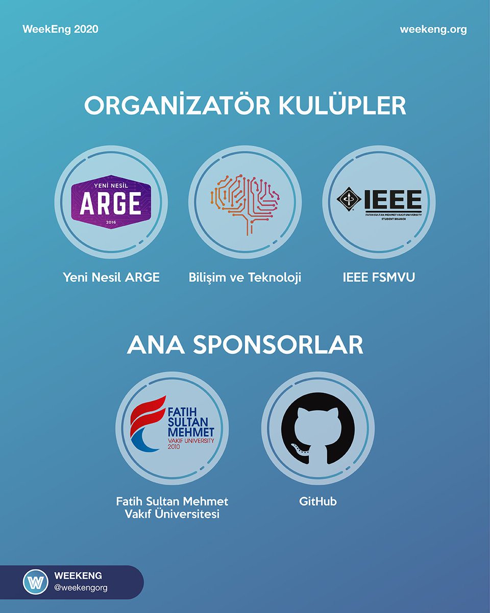 <a href="/fsmbilisim/">Bilişim ve Teknoloji</a> ve <a href="/ieeefsmvu/">IEEE FSMVU</a> ile beraber düzenlediğimiz WeekEng 2020 (@weekengorg) Hafta Sonu Teknoloji Zirvesi etkinliği 18 - 19 Nisan tarihlerinde <a href="/fsmvu/">Fatih Sultan Mehmet Vakıf Üniversitesi</a> Haliç Yerleşkesi Konferans Salonunda! 
Detaylar yakında! 
Daha fazla bilgi için;
@weekengorg  
weekeng.org