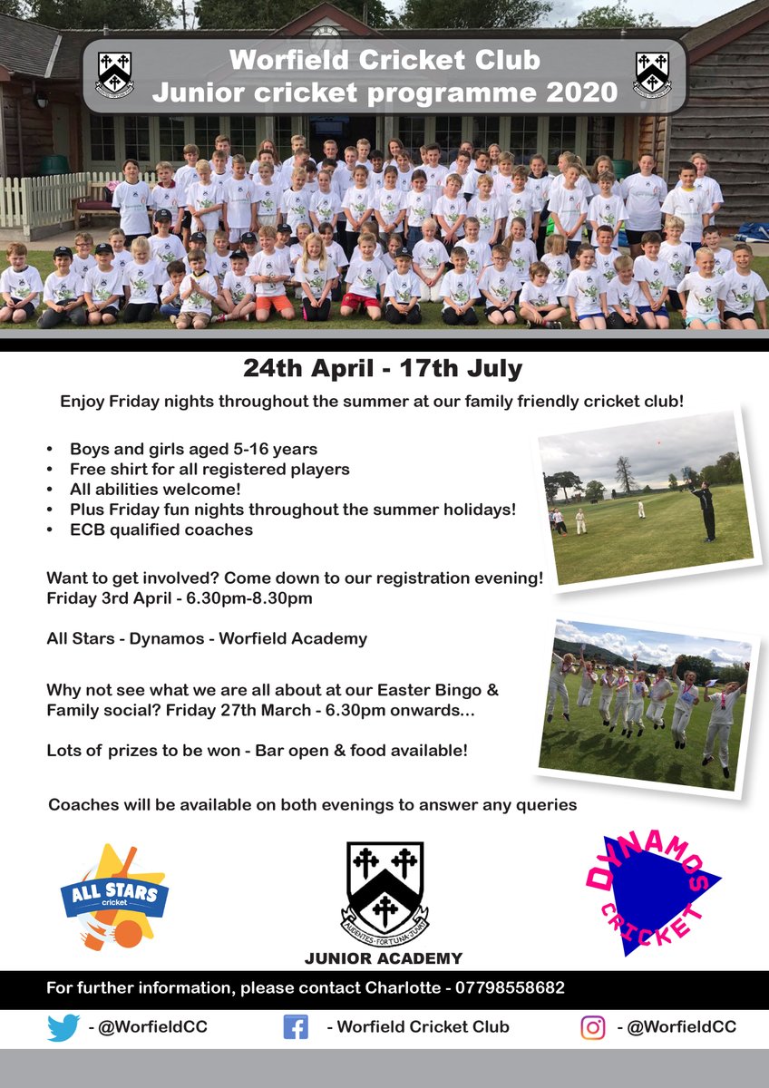 WorfieldCC's tweet photo. 🏏JUNIOR ENROLMENT EVENING🏏

Our junior enrolment evening will take place on Friday 3rd April, we would love to see old and new faces at our club again this year so please get in contact if you have any queries!

More information listed below! https://t.co/bmBrY7DKDd