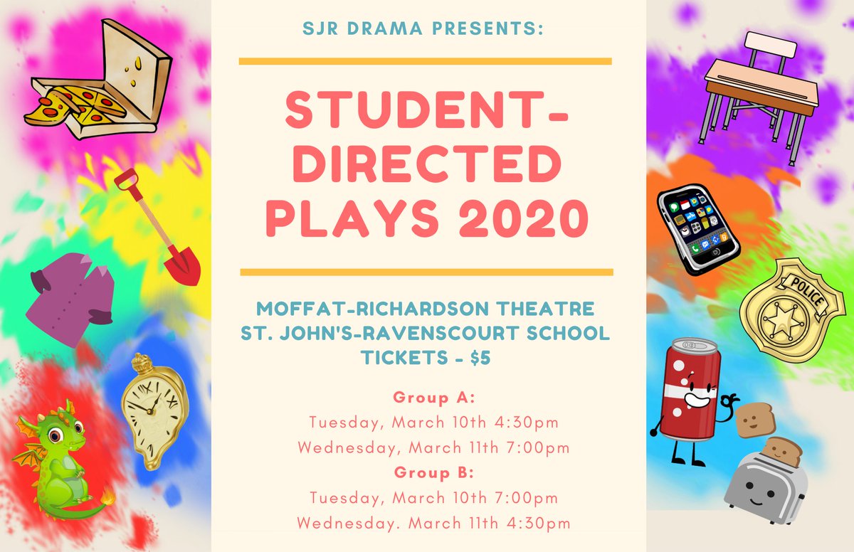 dramaticamanda's tweet photo. This year's Student-Directed Plays grace the MRT stage @SJR_School tonight and tomorrow. Directed by Gr. 11/12 students with Gr. 9/10 actors, these short plays are an eclectic mix of drama and comedy. Don't miss out! https://t.co/YZuSTzMG8d