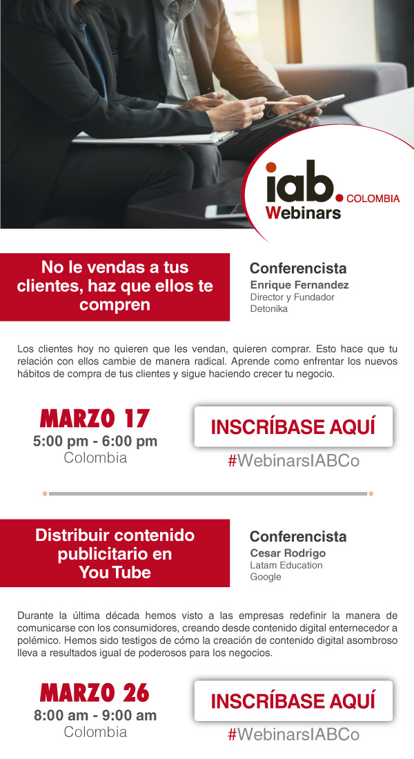 iabcolombia's tweet photo. ¡Haz parte de las #WebinarsIABCo ! Consulta las conferencias e inscríbete aquí ------>

Martes 17 de marzo, 5pm: https://t.co/sRvLeHZOXt

Jueves 26 de marzo, 8am: https://t.co/9wcsf222zf https://t.co/YpNazJdwBj