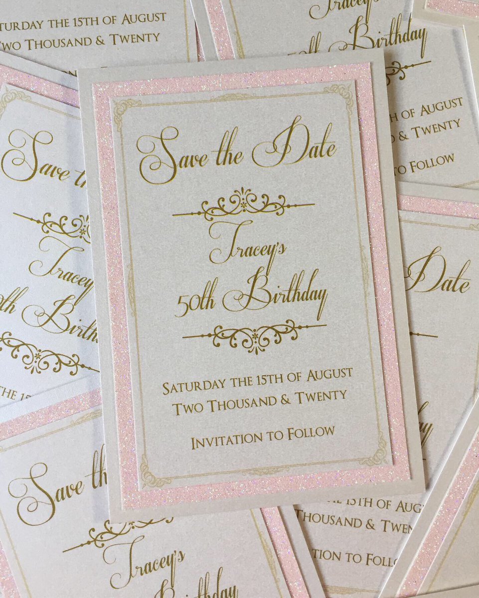 designerinvite's tweet photo. 50TH BIRTHDAY //
We don’t just make wedding invitations here at HandmadeByHannah. All designs can be adapted to make party invitations with tweaking of a few words! 
#wedding #birthday #party #invitations #invites #stationery #50th #babypink #white #gold #glitter #shimmer #bling https://t.co/lN8MsTNJ6k