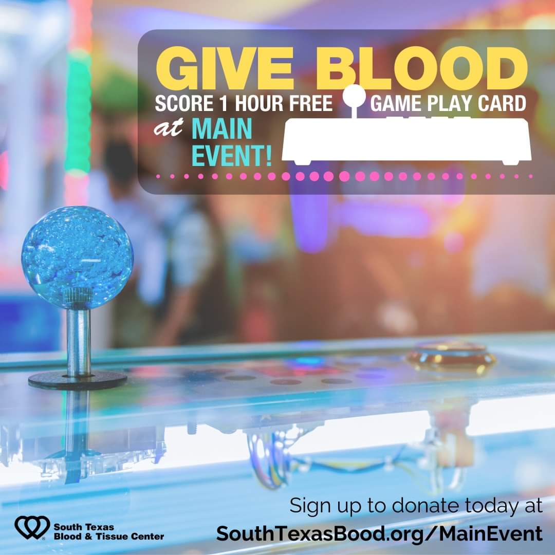 SouthTexasBlood's tweet photo. When it comes to helping our patients, we don't play games. But you can! 🙌 🕹 

Give blood at either @MyMainEvent in SA: 
🗓️ Thursday, Mar 12
🕜 1-5:30 pm
💳 👕 FREE 1 hour game play card + $10 gift card from hundreds of stores OR STBTC merch! 

Schedule: https://t.co/H5dSxv7lRN https://t.co/6jFcEuwbtZ