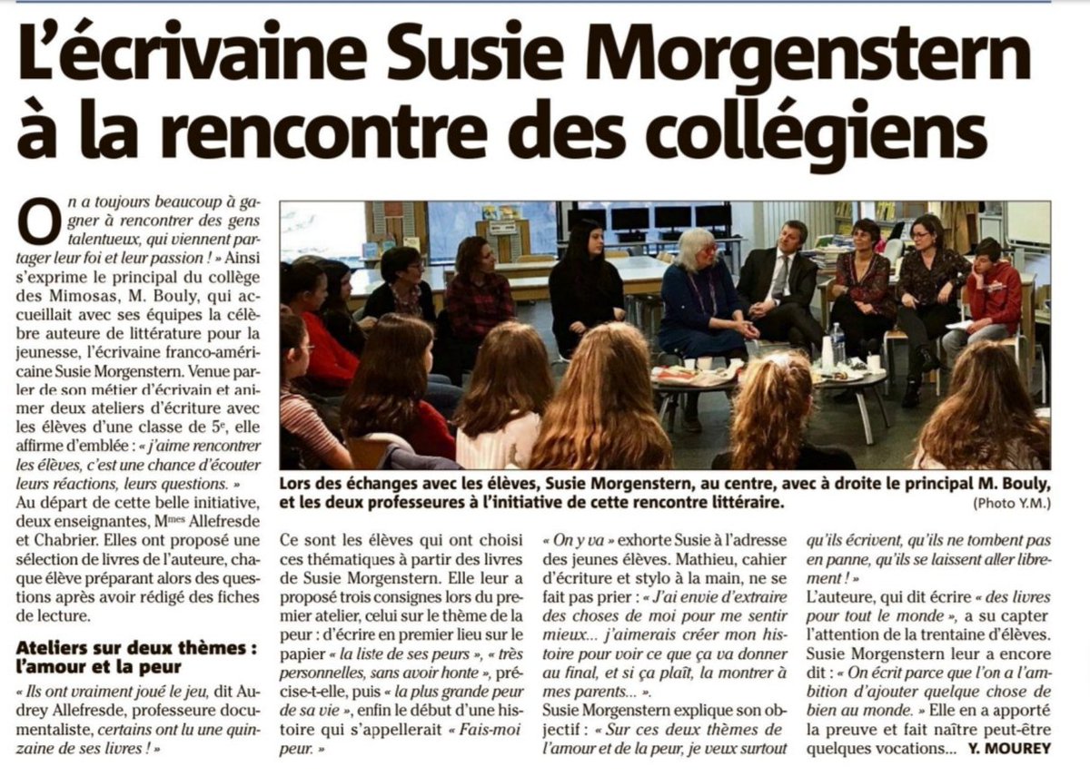 Article paru ce jour concernant notre rencontre avec #SusieMorgenstern. Merci @Nice_Matin 😊 
@CollegeMimosas @AcademieNice @MandelieuVille