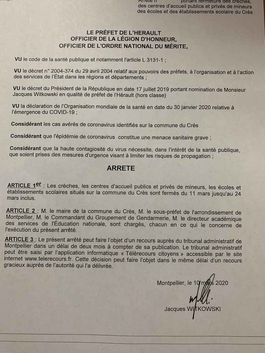 #coronavirus #covid19 #Herault 

⚠️Fermeture, par arrêté préfectoral, des crèches, centres d'accueil publics et privés de mineurs, écoles et établissements scolaires situés sur la commune du Crès du 11 mars jusqu' 24 mars 2020 inclus.
