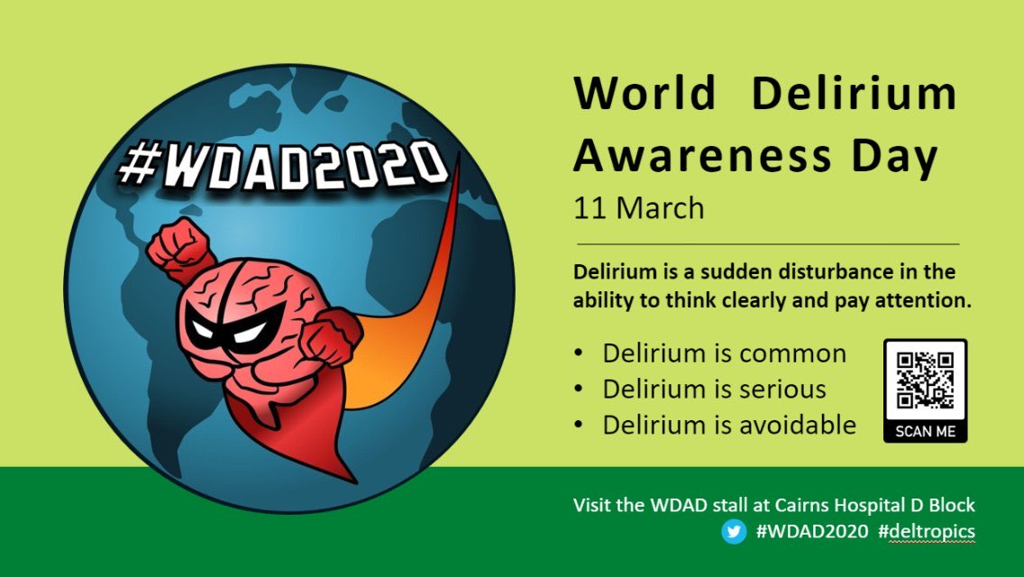 Be aware! Up to 25% of our medical and 50% of our surgical patients will have a delirium. Use the term, screen, talk about it, educate and come visit the team at the World Delirium Awareness Day stall in the breezeway of Cairns Hospital D Block today #deltropics #WDAD2020