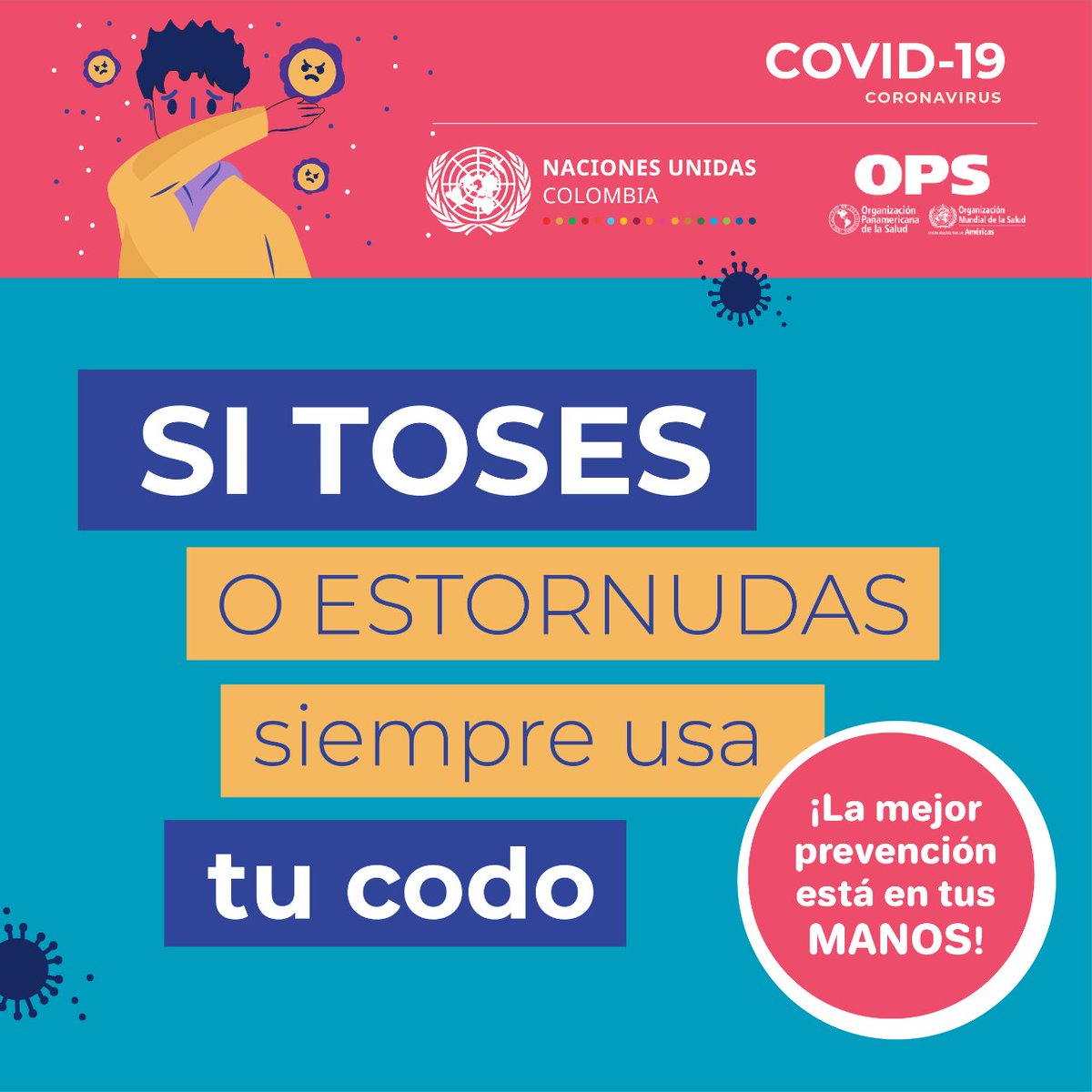 OIMColombia's tweet photo. 🤧 Al toser o estornudar usa la parte interna del codo para no esparcir gotas de saliva a quienes están alrededor. También puedes cubrirte la boca y la nariz con un pañuelo, que se debe tirar inmediatamente. ¡Y no olvides lavarte las manos! 💦  @MinSalud  @OPSOMS_Col @ONUColombia https://t.co/kua564UZal