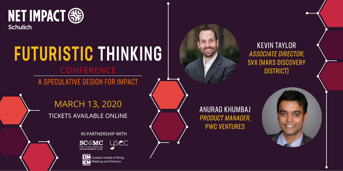 Introducing our Panelists Kevin Taylor, Associate Director, SVX and Anurag Kumbhaj, Product Manager, PwC Ventures! Register at bit.ly/2Vg6UFC to attend the Net Impact Schulich Futuristic Thinking Conference for a day of learning and networking with lunch and cocktails!