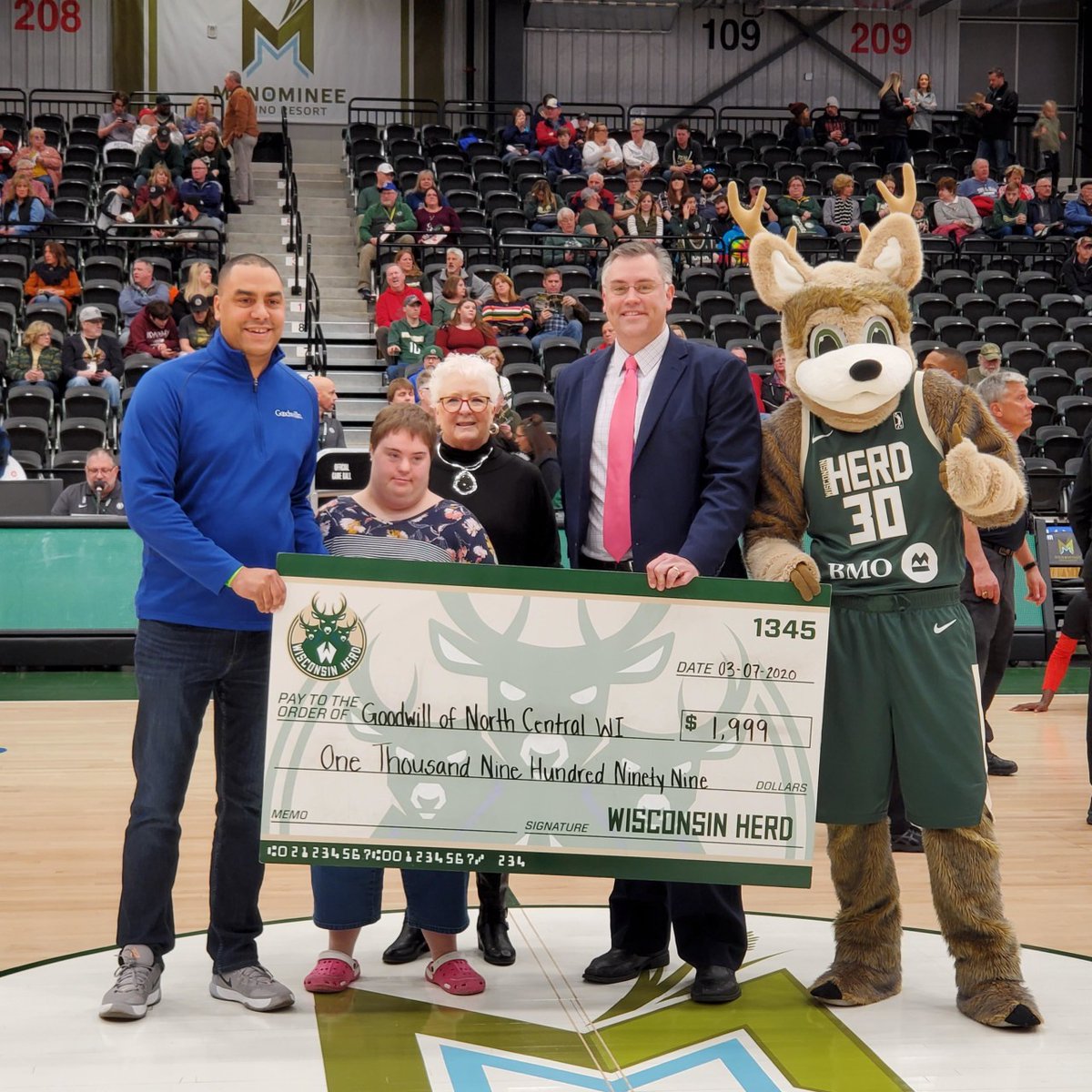 Over the weekend, <a href="/GoodwillNCW/">Goodwill NCW</a> was awarded $1999 from the <a href="/WisconsinHerd/">Wisconsin Herd</a> during their home game. Katie Timmer, who is enrolled in the TMG ICA, was the Honorary Team Captain and was there to help accept the giant check! And, the Herd won!