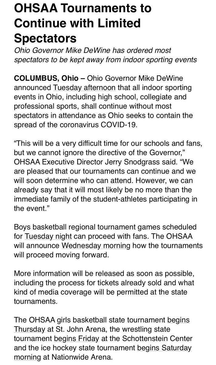 In a press release directly from the OHSAA, see below for information in regards to very limited attendance permitted at boys &amp; girls tournament events beginning WEDNESDAY.