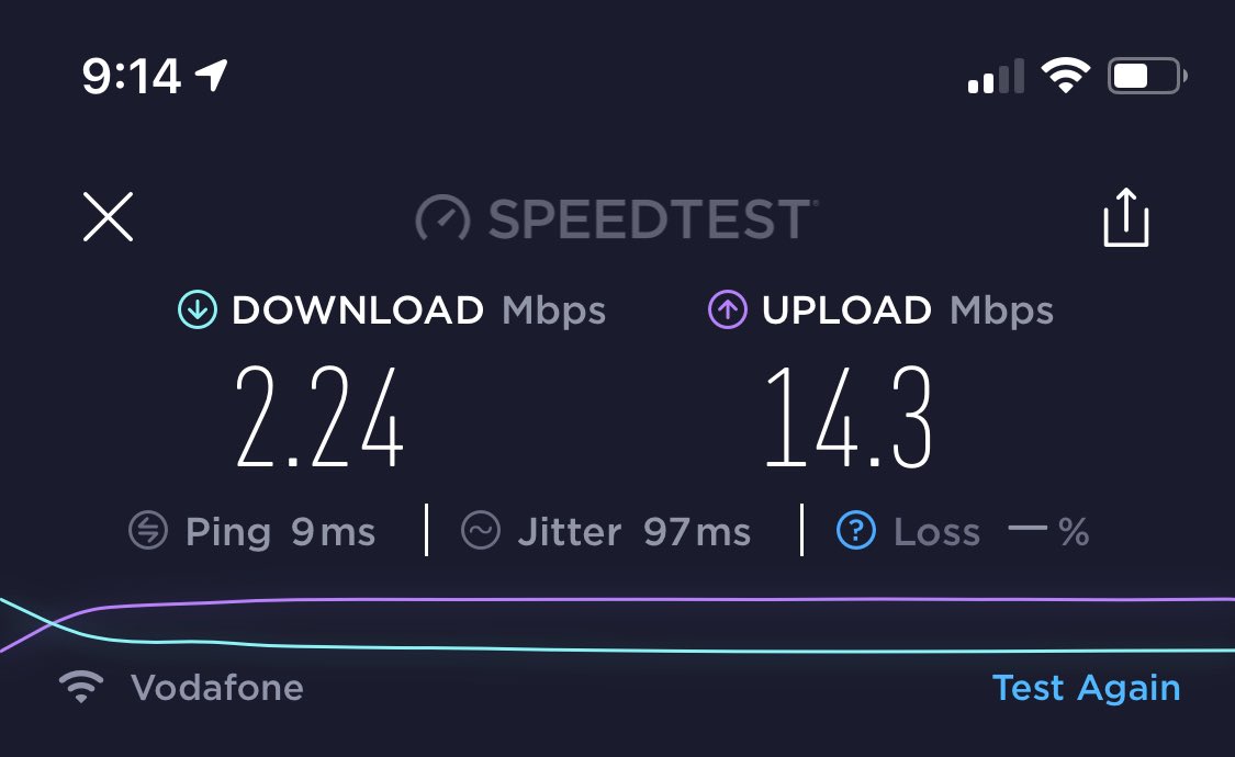 Joelambert91's tweet photo. @VodafoneUK is there something up with your broadband? Seen a few others commenting about slower than usual speeds, mine included... usually get avg. 65Mbps down. Speed test was done on a wired connection, so not a wifi issue https://t.co/JbDMePrapb