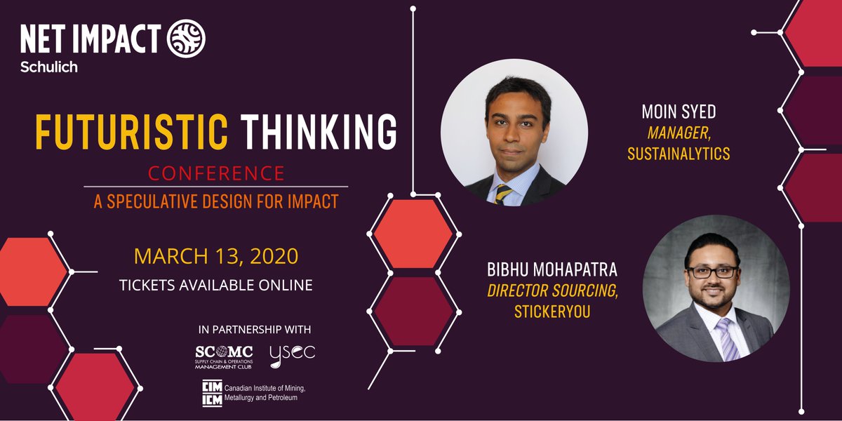 Introducing our Panelists Moin Syed, Manager, <a href="/Sustainalytics/">Sustainalytics</a>  and Bibhu Mohapatra, Director of Sourcing, <a href="/StickerYou/">StickerYou</a> StickerYou ! 
Register at bit.ly/2Vg6UFC for the Net Impact Schulich Futuristic Thinking Conference for a productive day of learning and networking!
