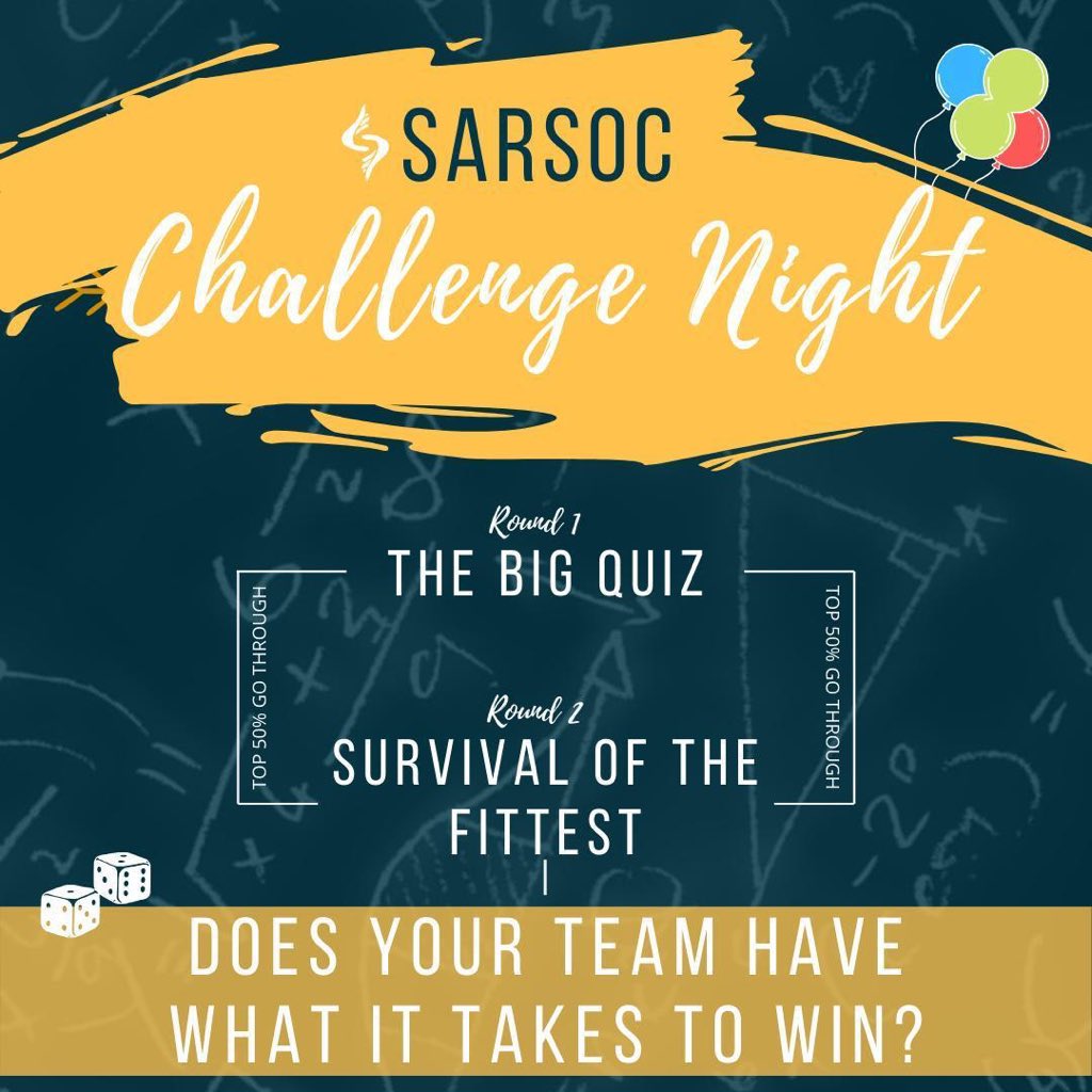thesarsoc's tweet photo. does ur team have what it takes? CHALLENGE NIGHT 🎊 round 1: THE BIG QUIZ 🧠 where ur knowledge is tested...only the top teams can get through to round 2: THE CHALLENGE where ur teams real talents will be tested  👀 if you dare face the challenge SIGN UP IN THE LINK IN OUR BIO🤩 https://t.co/yBKFPaE4vJ