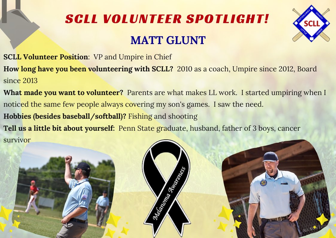 VASCLL's tweet photo. ⭐️ ⭐️ 𝐒𝐂𝐋𝐋 𝐕𝐨𝐥𝐮𝐧𝐭𝐞𝐞𝐫 𝐒𝐩𝐨𝐭𝐥𝐢𝐠𝐡𝐭⭐️⭐️⁣
⁣
Todays Umpire Spotlight is MATT GLUNT! ⁣
⁣
Don’t forget umpire training is this Sunday, 3/15 2 pm @ Loriella⁣
⁣
#ThankYouBlue #SCLL2020 #SCLLVolunteers #LittleLeague⁣ #SCLLVolunteerSpotlight2020⁣
⁣ https://t.co/NQETfJi1HD