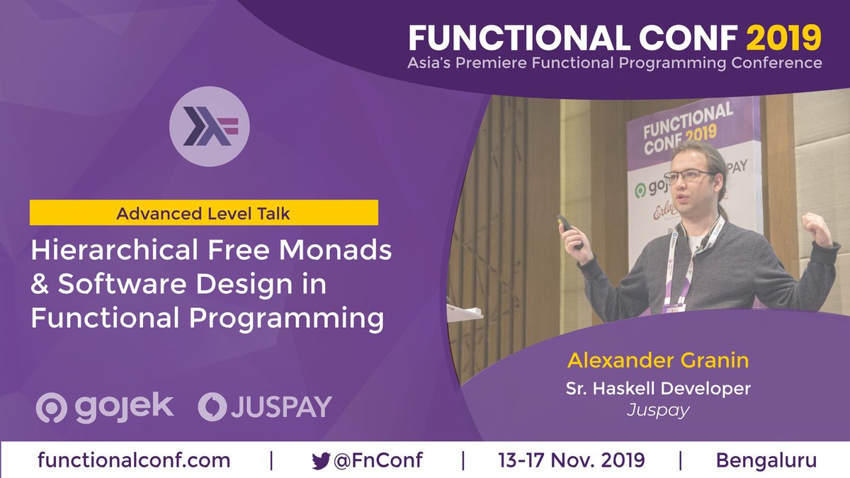 FnConf's tweet photo. Check out this video of @graninas popular session at #FnConf19. https://t.co/aRKfT41ykm
Like it? Sign up for 2020 conference alerts.

#Haskell #PureScript #Monads #FreeMonads #Advanced #FP #FunctionalProgramming https://t.co/inUsGaOuKW