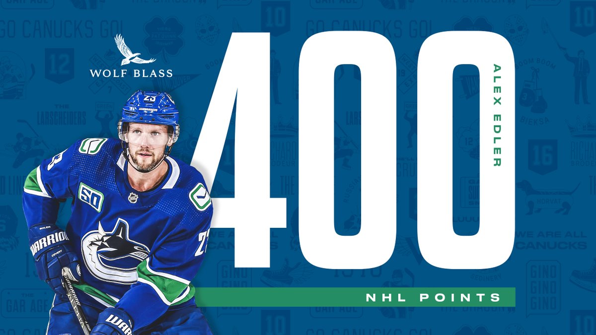 Canucks's tweet photo. Congrats to Alex Edler, who just became the 8th Swedish defenceman in @NHL history to record 400 career points! That's a @WolfBlassWines milestone! 🦅🔥 https://t.co/F8uvLhcNEz