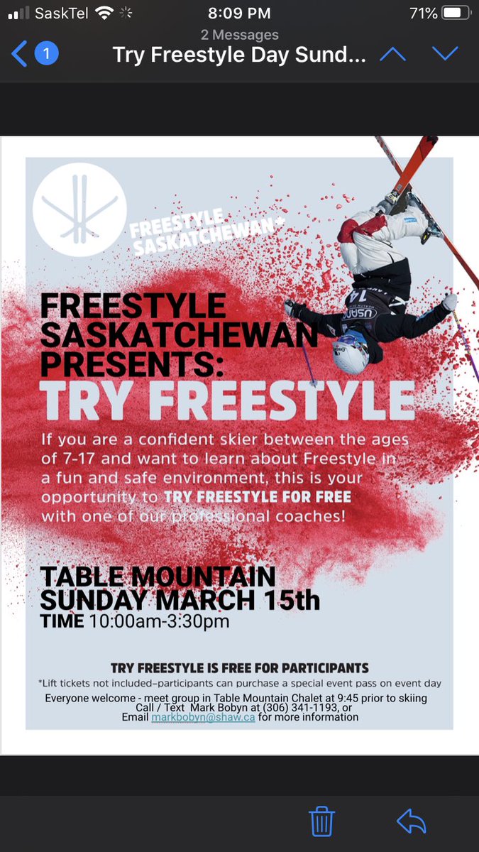 skfreestyleski's tweet photo. Freestyle skiing is Saskatchewan!?  You bet!! Come on out for a Try Freestyle event this weekend @Table_Mtn. See the attached poster for more info. @SaskSport @canfreestyleski @FlatlandSki https://t.co/avNLcFo86k