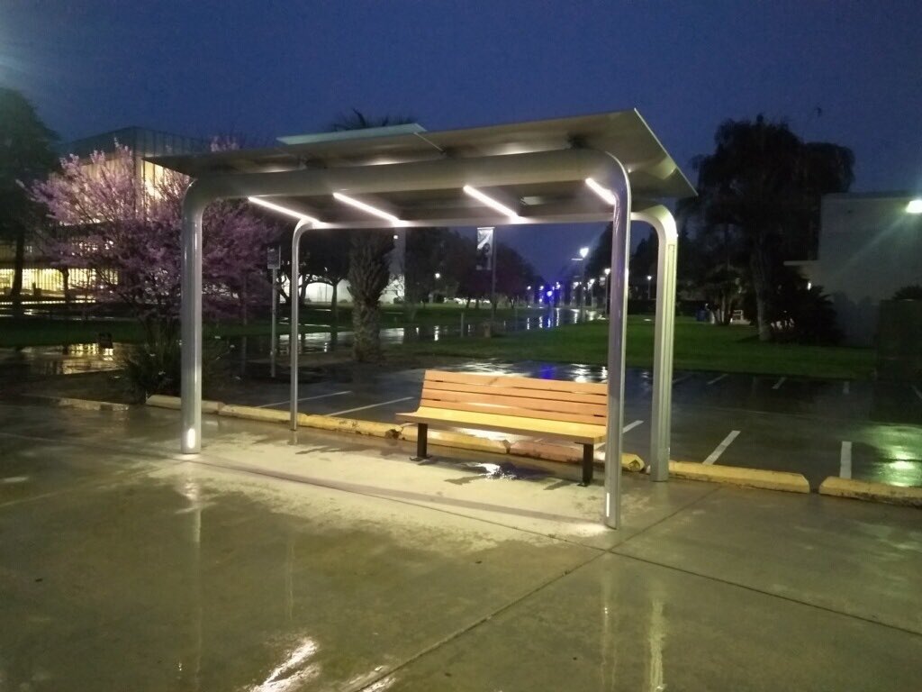 Our new bus stop shelter at the Campus Drive circle is operational..... just in time. I hope <a href="/Fresno_State/">Fresno State</a> Students enjoy! Thanks to <a href="/fsfacilities/">Fresno State Facilities Management</a> and <a href="/FresnoStateASI/">ASI - Fresno State</a> for their hard work and support.