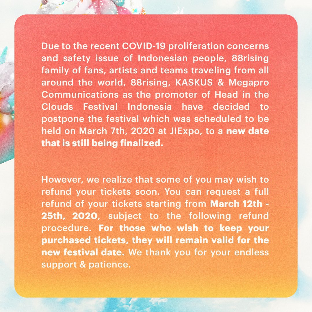 88rising's tweet photo. HITC JAKARTA TICKET 🎫 REFUND INSTRUCTIONS — ps good news, a new date will be announced soon in the coming weeks, stay tuned! https://t.co/nohiFEqkEN