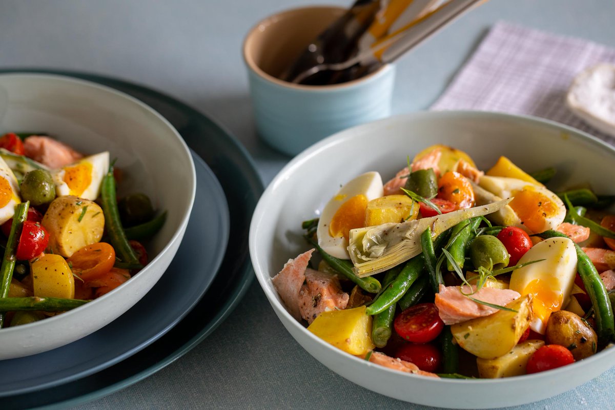 thatchertime's tweet photo. What's nice and from Nice?? Baked Salmon Nicoise! Oui! It's French and delicious! today on @threevegandmeat 3.30pm @channel10au order recipes online at @marleyspoonau photo @kittigould 

Production Company - @armchairsafari https://t.co/HpovWjj173