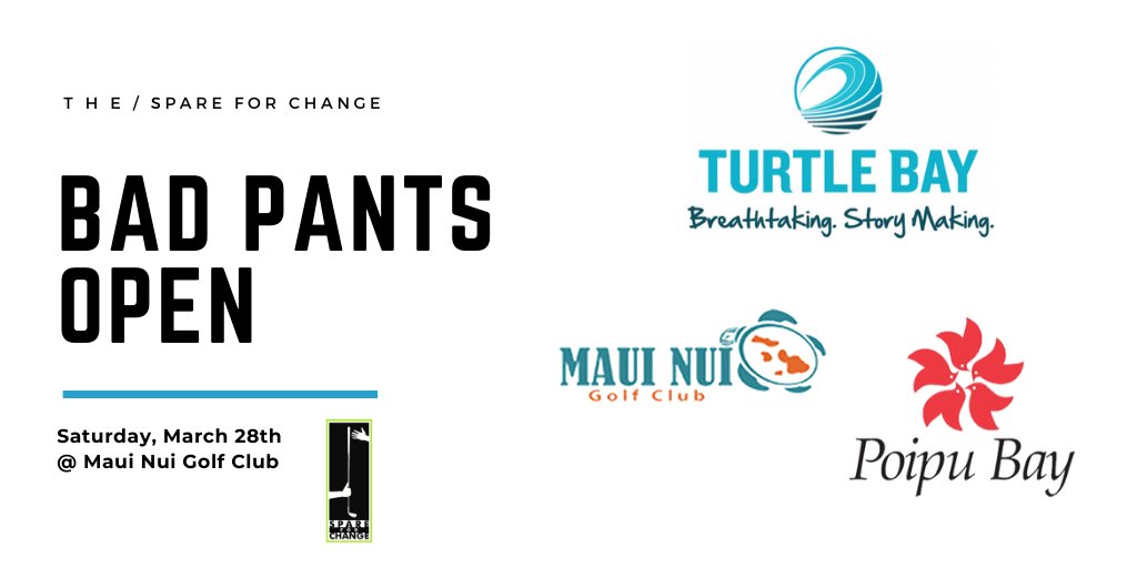 Prizes at this year’s "Bad Pants" Open #golf tournament benefiting Spare for Change include rounds at Turtle Bay, Poipu Bay &amp; Maui Nui Golf.
 
Join us Sat. March 28 <a href="/MauiNuiGolfClub/">Maui Nui Golf Club</a>. 

Proceeds help us distribute free clubs to new players.

Details: facebook.com/events/1398565…

#Maui