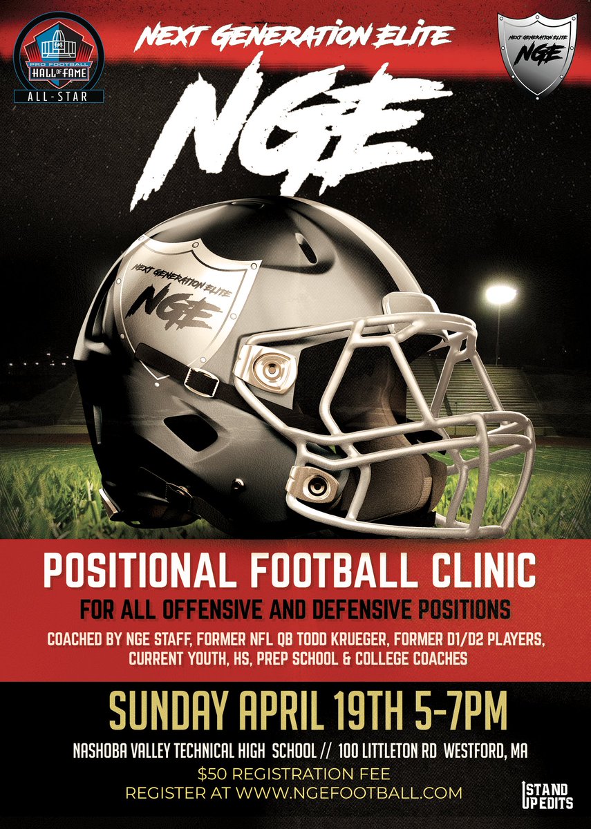 Powered_by_NGE's tweet photo. NGE FOOTBALL 🏈🏈🏈🏈🏈
April Vacation Positional Clinic
Sunday April 19th 5-7pm
@Nashoba Valley Tech
Westford, Ma
All Athletes Welcome
✔Youth
✔Middle School
✔High School 
Registration available now
https://t.co/L865vDML3A
#TeamNGE #football #Offseason #Training #Trainwithpros https://t.co/ZUbAfTci2P