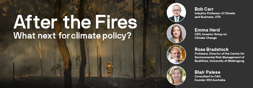 UTSEngage's tweet photo. The scale of destruction of the #bushfires galvanised discussion on climate change. What does this mean for climate policy in Australia? Bob Carr leads a panel discussion at #UTS on 7 April - register now https://t.co/enn5rEehaD @bobjcarr @emmalherd @blairpalese #uts4climate https://t.co/kJZBf1V87B