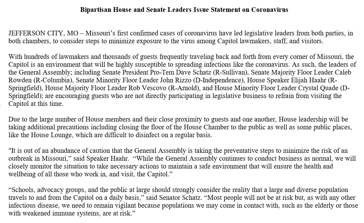 Bipartisan joint statement from #moleg House and Senate leadership on coronavirus @elijahhaahr @DaveSchatz26 @crystal_quade @RobVescovo @calebrowden @JohnJRizzo #MoCapitol