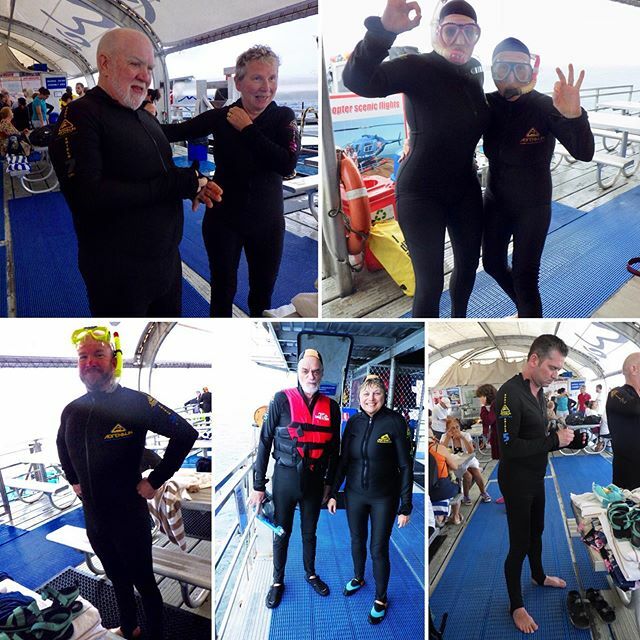 MelanieSteeves's tweet photo. Yesterday saw us heard to the #greatbarrierreef  We had to wear the black Lycra safety suits. Don’t we all just look funny. Lol. Dressed as #batman  Hahahahaha. #topplanetravel tours forever. 😊🐠🐟🐡 https://t.co/MQcCGjYnFZ https://t.co/S6kdKzhta9