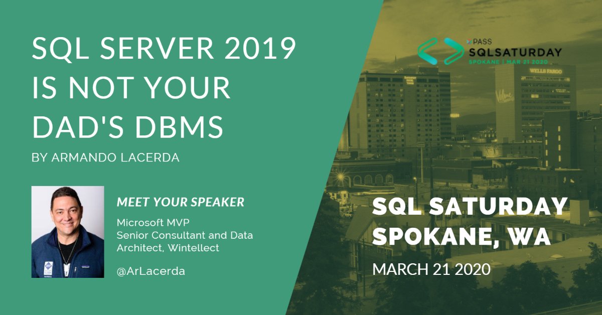 dotnetgator's tweet photo. SQL Server 2019 is more than a database engine, it is a data solution platform. Join Microsoft MVP &amp; Wintellect Data Architect Armando Lacerda (@arlacerda) remotely at SQL Saturday Spokane March 21st to learn about the new features.
https://t.co/Nfx73Qy26I
#SQLSaturday #SQL2019 https://t.co/2kWPQl7FQm