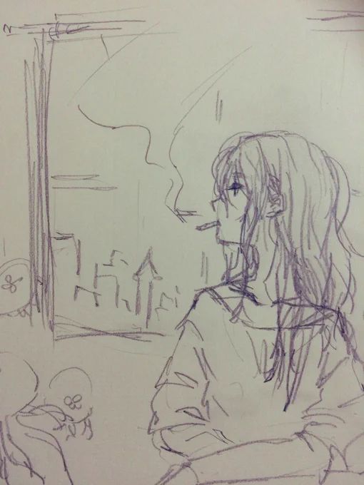 去年のあお展で描いた子が、話しかけてきました。「ああ、そう」くらいしか言ってくれないけど。
煙草吸うんですね。カーテンのない部屋に住んでるんですか?って聞いたらフフって笑った。土砂降りの日にしか会えない人だと思ってた。 